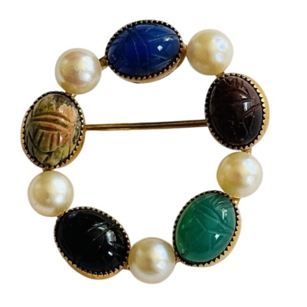 Scarab Gemstone Pin Brooch VTG Wells 14k Gold Filled Jade Lapis pearl onyx regal
